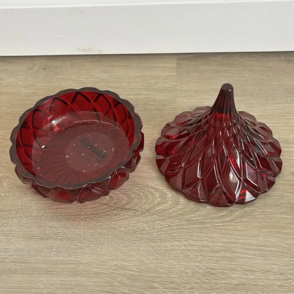 Hershey's Kisses Ruby Red Flash Pressed Glass Candy Dish w/ Lid Diamond Point